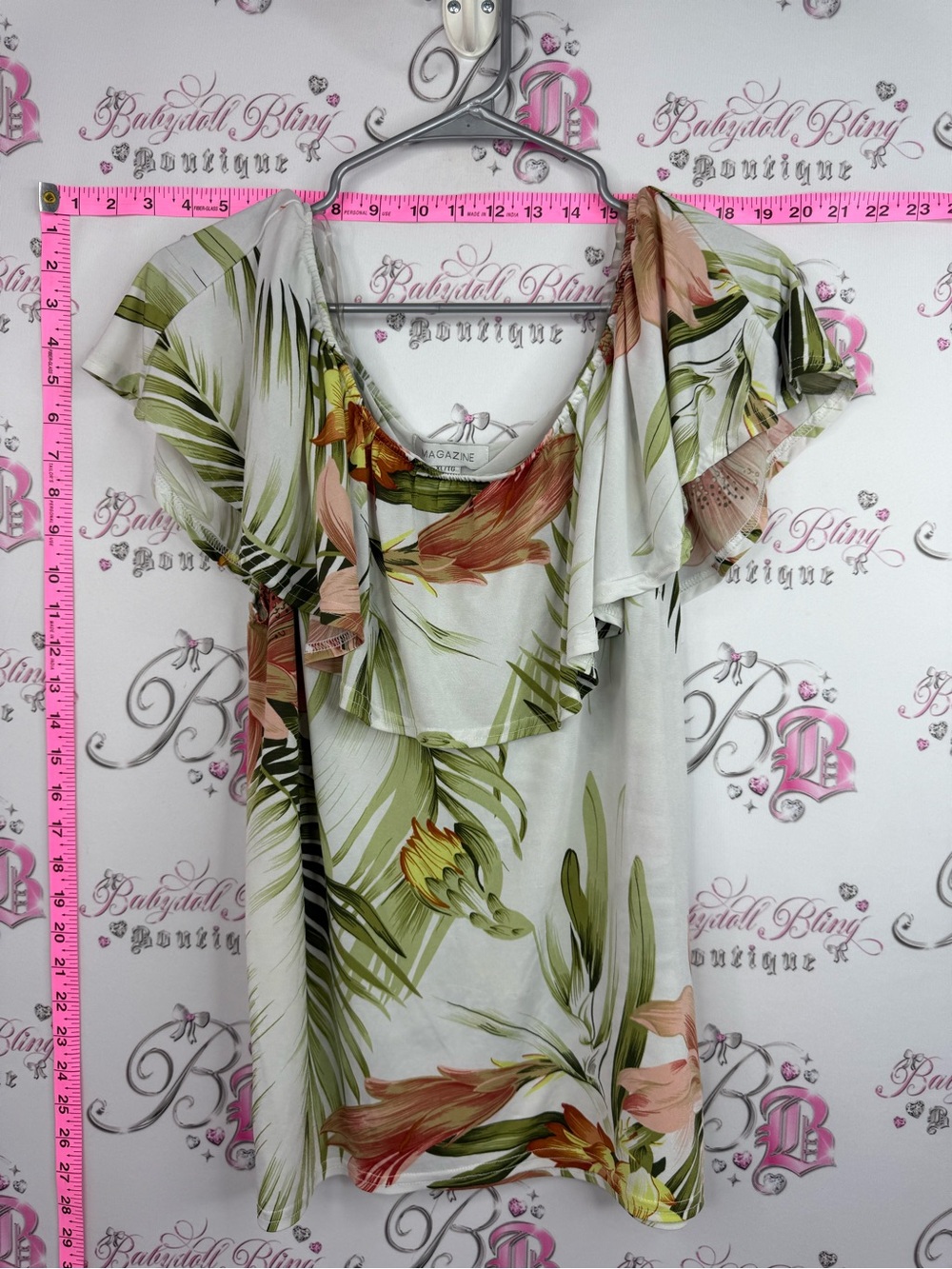 Magazine Tropical Floral Ruffle Sleeve Blouse - White with Green & Coral Print